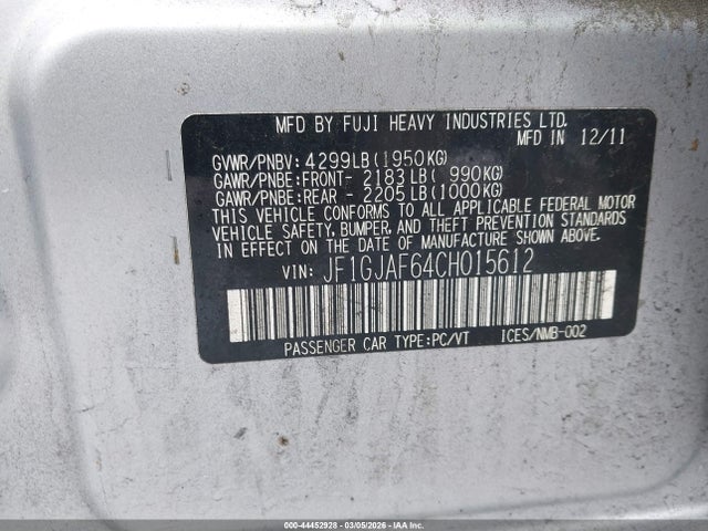Aukcja sprzedaży 2012 Subaru Impreza 2.0i Premium, vin: JF1GJAF64CH015612, numer aukcji: 44452928