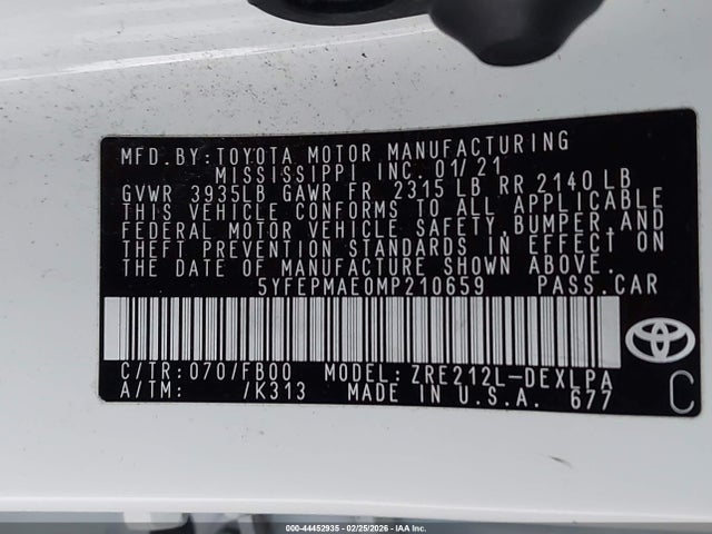 5YFEPMAE0MP210659 Toyota COROLLA LE