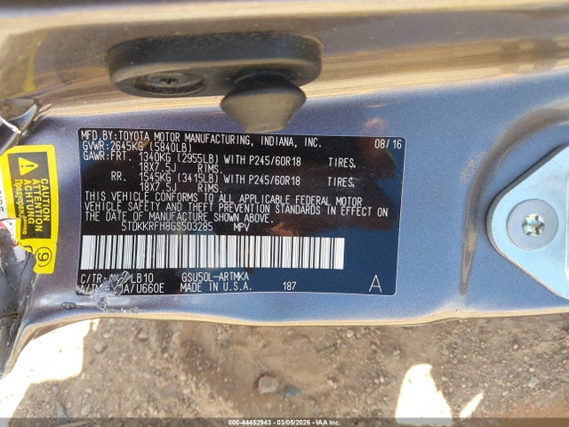 5TDKKRFH8GS503285 Toyota Highlander Xle V6