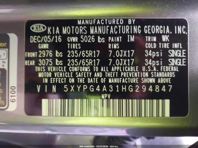 Aukcja sprzedaży 2017 Kia Sorento 2.4l Lx, vin: 5XYPG4A31HG294847, numer aukcji: 44452946
