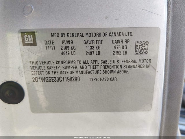44452974 :رقم المزاد ، 2G1WG5E33C1198290 vin ، 2012 Chevrolet Impala Lt مزاد بيع