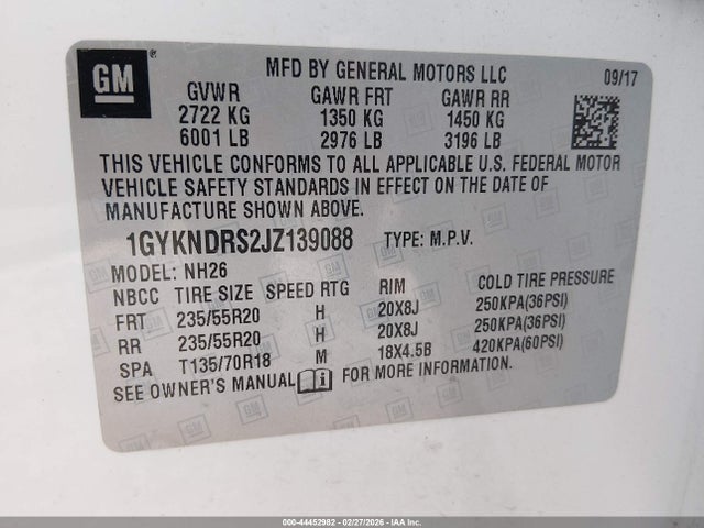 44452982 :رقم المزاد ، 1GYKNDRS2JZ139088 vin ، 2018 Cadillac Xt5 Luxury مزاد بيع