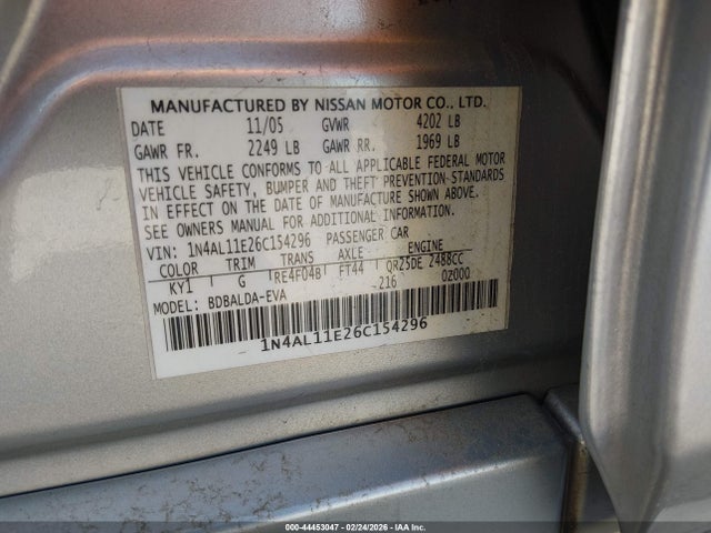 Aukcja sprzedaży 2006 Nissan Altima 2.5 S, vin: 1N4AL11E26C154296, numer aukcji: 44453047