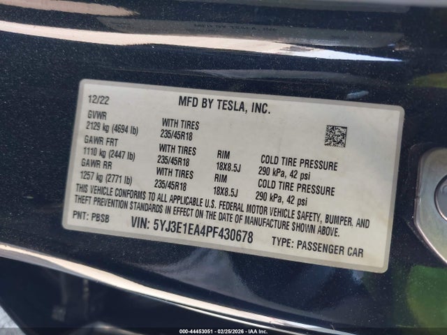 2023 Tesla Model 3 Rear-wheel Drive მანქანა იყიდება აუქციონზე, vin: 5YJ3E1EA4PF430678, აუქციონის ნომერი: 44453051