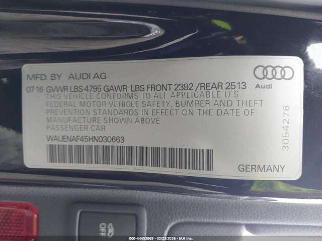 2017 Audi A4 2.0t Premium მანქანა იყიდება აუქციონზე, vin: WAUENAF45HN030663, აუქციონის ნომერი: 44453069
