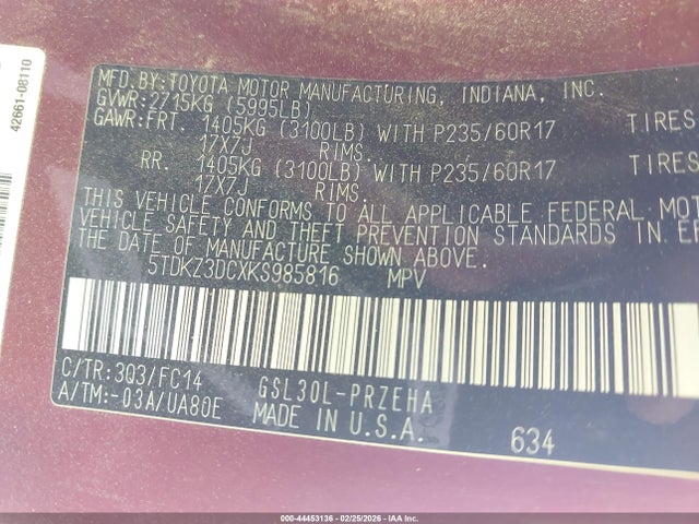 2019 TOYOTA SIENNA 5TDKZ3DCXKS985816 Photo 8