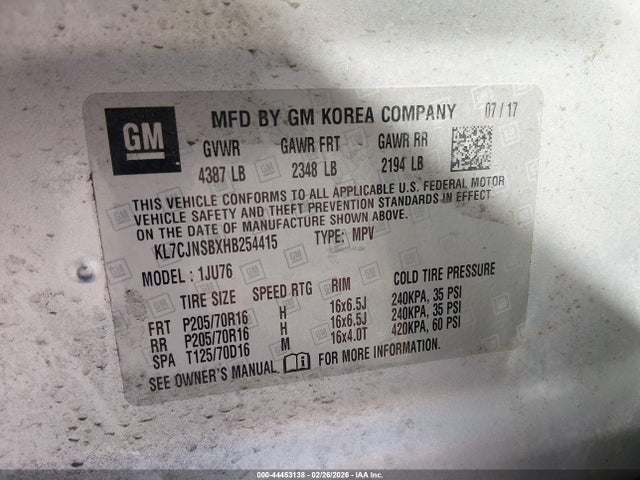 KL7CJNSBXHB254415 Chevrolet TRAX LS