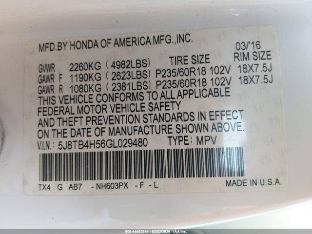 5J8TB4H56GL029480 Acura Rdx Technology Acurawatch Plus Packages/technology Package