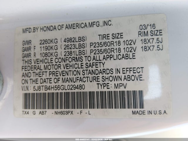 5J8TB4H56GL029480 Acura Rdx Technology Acurawatch Plus Packages/technology Package
