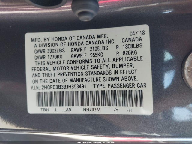 2HGFC3B39JH353491 Honda Civic Ex-t