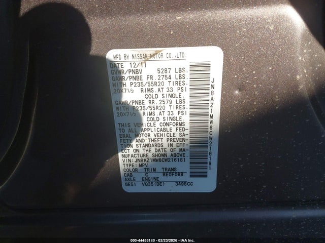 44453180 :رقم المزاد ، JN8AZ1MW6CW216181 vin ، 2012 Nissan Murano Le مزاد بيع