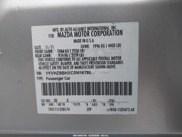 Aukcja sprzedaży 2012 Mazda Mazda6 I Sport, vin: 1YVHZ8BHXC5M16780, numer aukcji: 44453194