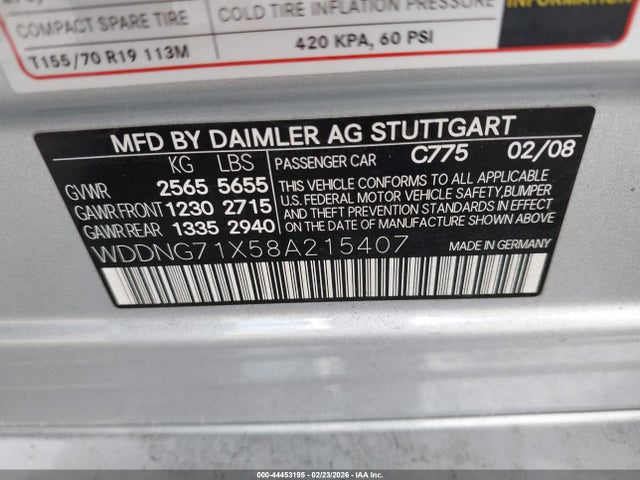 44453195 :رقم المزاد ، WDDNG71X58A215407 vin ، 2008 Mercedes-benz S 550 مزاد بيع