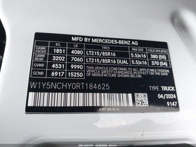 Продаж на аукціоні авто 2024 Mercedes-benz Sprinter 3500 High Roof 4-cyl Diesel Ho, vin: W1Y5NCHY0RT184625, номер лоту: 44453200