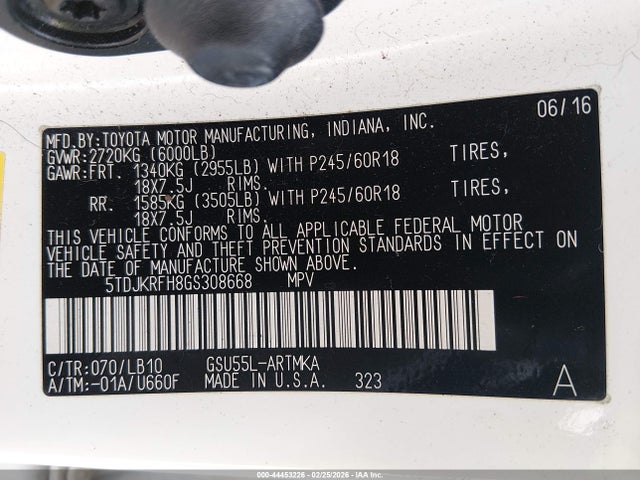 5TDJKRFH8GS308668 Toyota Highlander Xle V6