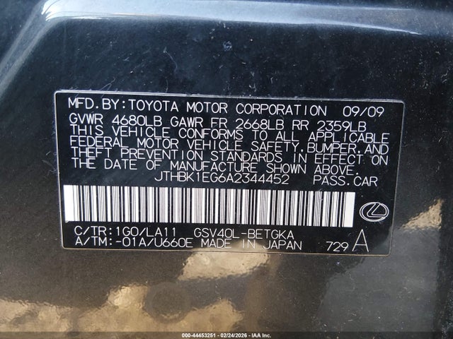 44453251 :رقم المزاد ، JTHBK1EG6A2344452 vin ، 2010 Lexus Es 350 مزاد بيع