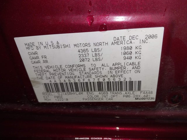 2007 MITSUBISHI GALANT 4A3AB36F87E056323 Photo 8