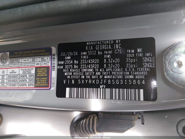 2025 Kia Sorento X-line Sx მანქანა იყიდება აუქციონზე, vin: 5XYRKDJF8SG315864, აუქციონის ნომერი: 44453296