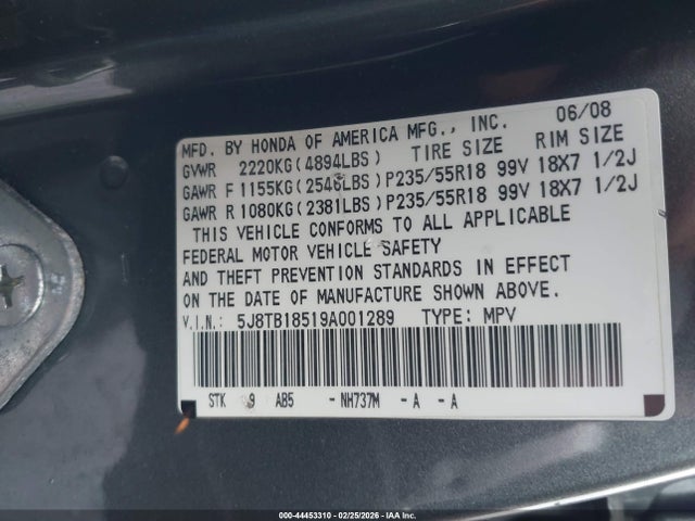 Aukcja sprzedaży 2009 Acura Rdx, vin: 5J8TB18519A001289, numer aukcji: 44453310