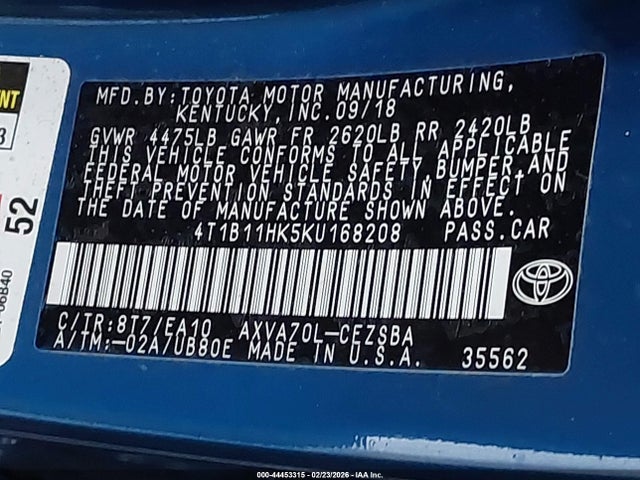4T1B11HK5KU168208 Toyota CAMRY SE