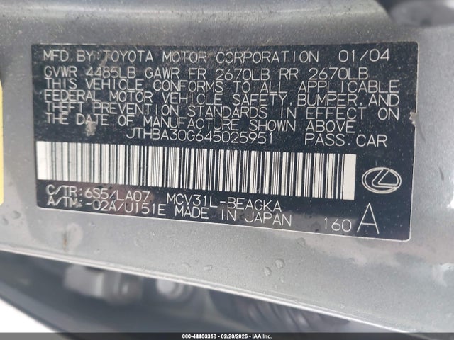44453318 :رقم المزاد ، JTHBA30G645025951 vin ، 2004 Lexus Es 330 مزاد بيع