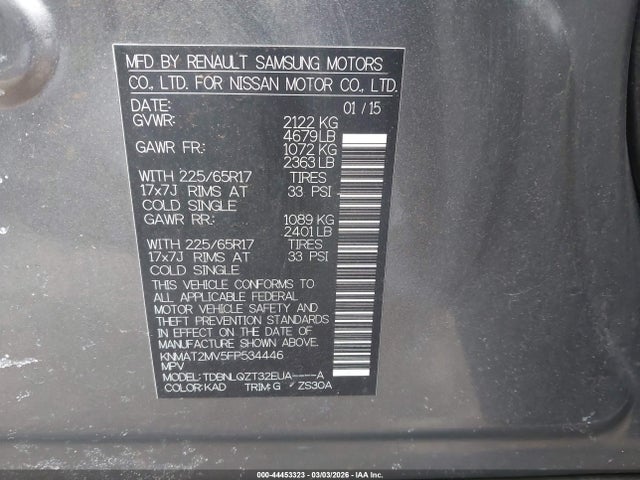 44453323 :رقم المزاد ، KNMAT2MV5FP534446 vin ، 2015 Nissan Rogue Sv مزاد بيع