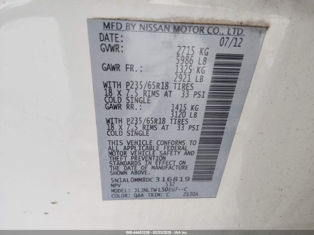 Aukcja sprzedaży 2013 Infiniti Jx35, vin: 5N1AL0MM8DC316819, numer aukcji: 44453326