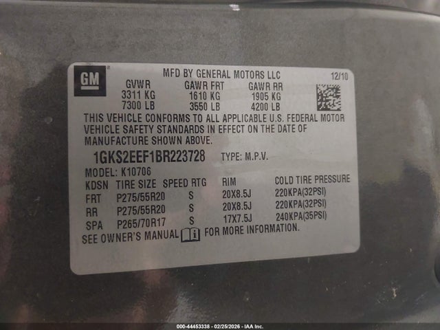 44453338 :رقم المزاد ، 1GKS2EEF1BR223728 vin ، 2011 Gmc Yukon Denali مزاد بيع