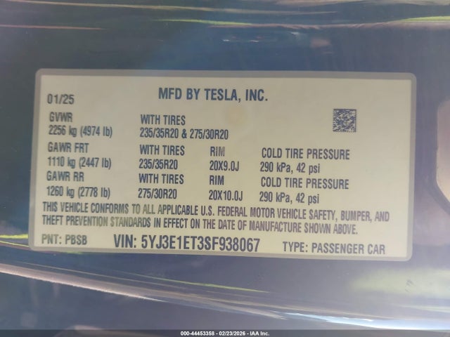 Продажа на аукционе авто 2025 Tesla Model 3 Performance All-wheel Drive, vin: 5YJ3E1ET3SF938067, номер лота: 44453358