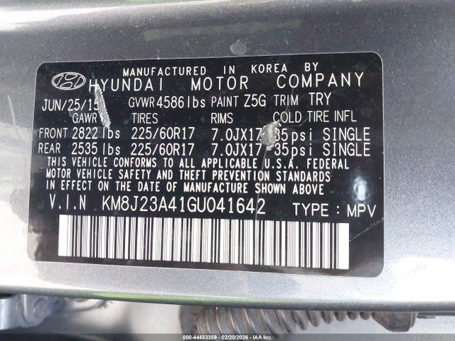2016 Hyundai Tucson Se მანქანა იყიდება აუქციონზე, vin: KM8J23A41GU041642, აუქციონის ნომერი: 44453359