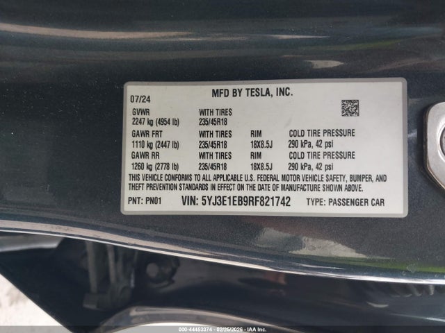 44453374 :رقم المزاد ، 5YJ3E1EB9RF821742 vin ، 2024 Tesla Model 3 Long Range Dual Motor All-wheel Drive مزاد بيع