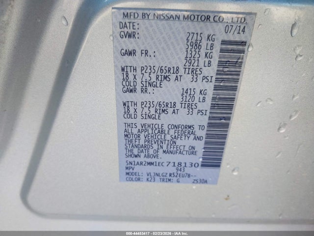 Aukcja sprzedaży 2014 Nissan Pathfinder Sl, vin: 5N1AR2MM1EC718130, numer aukcji: 44453417