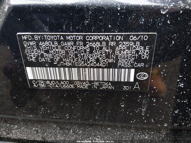 44453459 :رقم المزاد ، JTHBK1EG5A2404401 vin ، 2010 Lexus Es 350 مزاد بيع