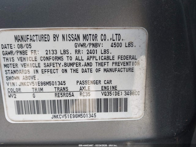 Aukcja sprzedaży 2006 Infiniti G35, vin: JNKCV51E96M501345, numer aukcji: 44453467
