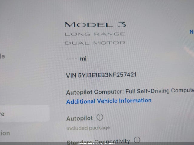 44453474 :رقم المزاد ، 5YJ3E1EB3NF257421 vin ، 2022 Tesla Model 3 Long Range Dual Motor All-wheel Drive مزاد بيع