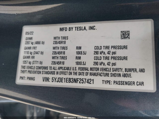 44453474 :رقم المزاد ، 5YJ3E1EB3NF257421 vin ، 2022 Tesla Model 3 Long Range Dual Motor All-wheel Drive مزاد بيع