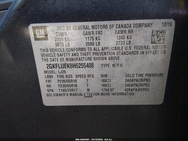 Aukcja sprzedaży 2017 Gmc Terrain Slt, vin: 2GKFLUEK8H6255408, numer aukcji: 44453491