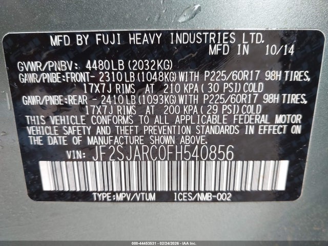 Продажа на аукционе авто 2015 Subaru Forester 2.5i Limited, vin: JF2SJARC0FH540856, номер лота: 44453531