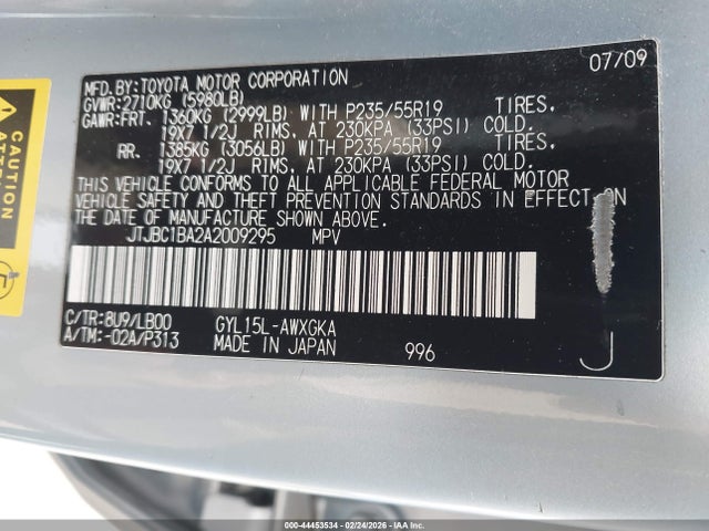 44453534 :رقم المزاد ، JTJBC1BA2A2009295 vin ، 2010 Lexus Rx 450h مزاد بيع