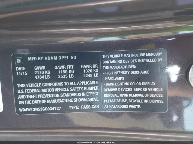 2016 Buick Cascada Premium მანქანა იყიდება აუქციონზე, vin: W04WT3N53GG034727, აუქციონის ნომერი: 44453549