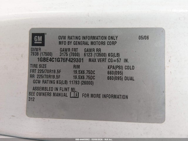 Продажа на аукционе авто 2006 Chevrolet Cc4500, vin: 1GBE4C1G76F429301, номер лота: 44453582