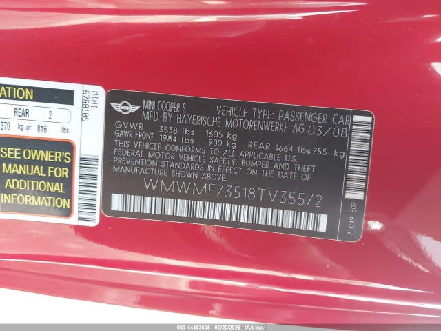 2008 MINI COOPER S WMWMF73518TV35572 Photo 8