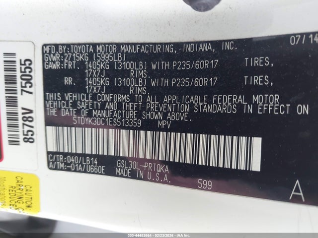 5TDYK3DC1ES513359 Toyota Sienna Xle V6 8 Passenger