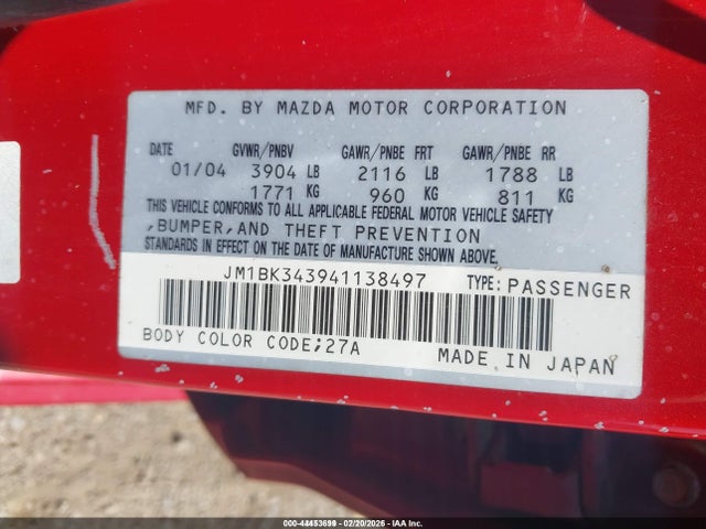 Aukcja sprzedaży 2004 Mazda Mazda3 S, vin: JM1BK343941138497, numer aukcji: 44453699