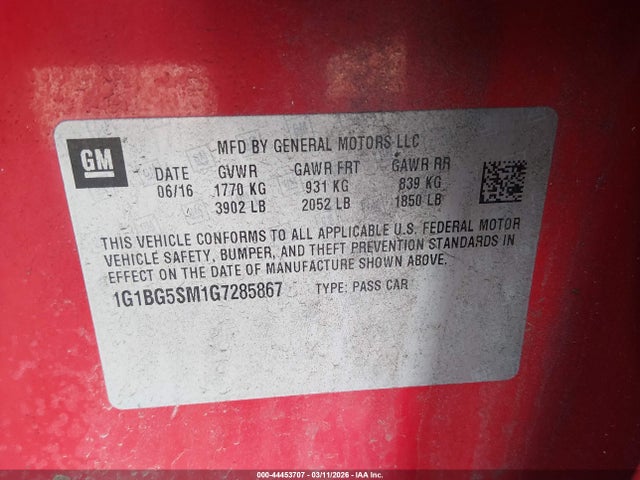2016 Chevrolet Cruze Premier Auto მანქანა იყიდება აუქციონზე, vin: 1G1BG5SM1G7285867, აუქციონის ნომერი: 44453707