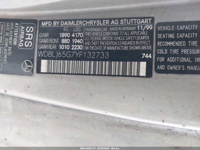 44453710 :رقم المزاد ، WDBLJ65G7YF132733 vin ، 2000 Mercedes-benz Clk 320 مزاد بيع