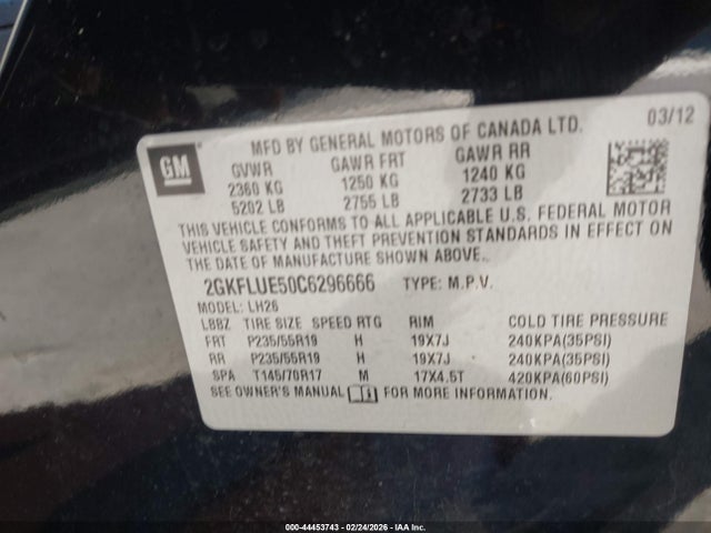 Aukcja sprzedaży 2012 Gmc Terrain Slt-1, vin: 2GKFLUE50C6296666, numer aukcji: 44453743