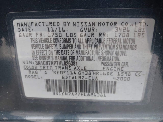 3N1CN7AP7HL826381 Nissan Versa 1.6 Sv