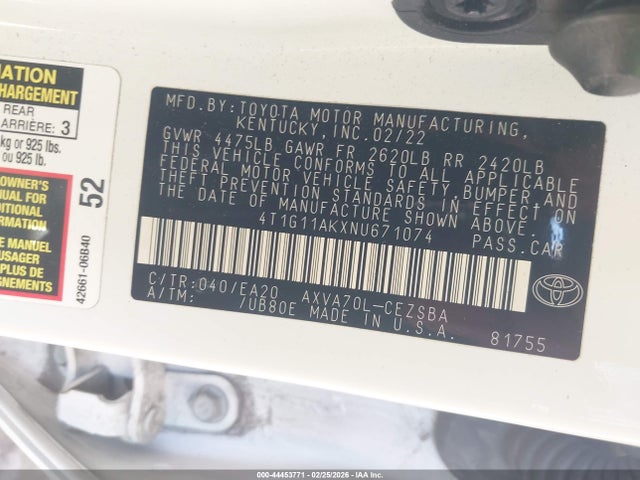 4T1G11AKXNU671074 Toyota CAMRY SE