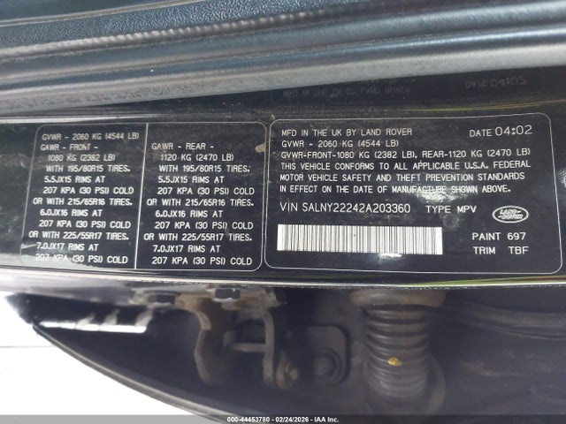 Aukcja sprzedaży 2002 Land Rover Freelander Se, vin: SALNY22242A203360, numer aukcji: 44453780